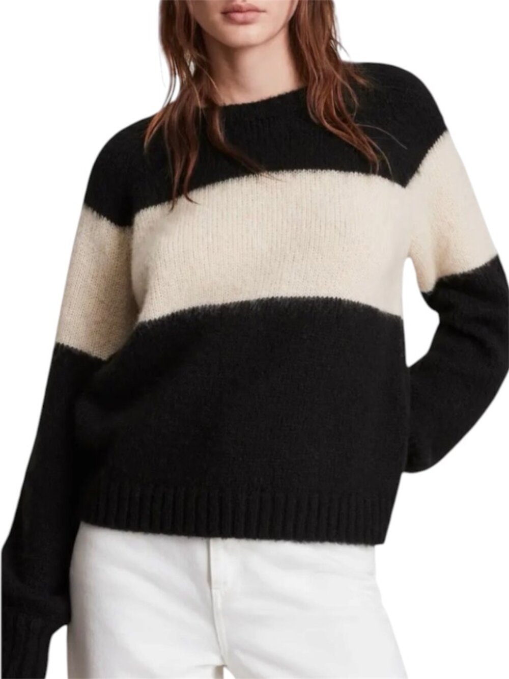 AllSaints Italian Yarn Stripe Crewneck Sweater Black Mallow  Lou Uno Size S